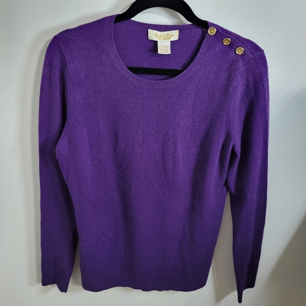 Peck & Peck 2-Ply Cashmere Sweater Purple Plum Crewneck w Buttons, Size L